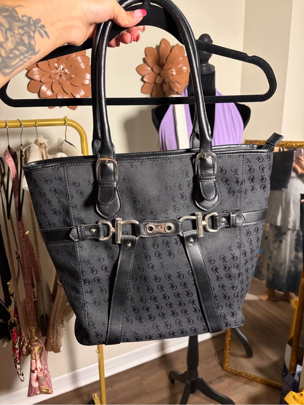 XOXO Black Monogram Shoulder Tote with Silver Hardware